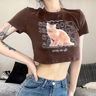 Short Sleeve Cat Print Lettering Crop Top