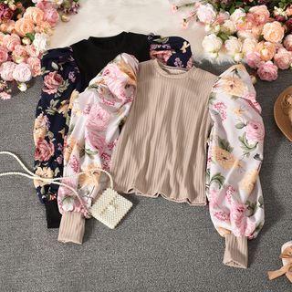 Floral Print Panel Puff-sleeve Top
