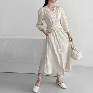 V-neck Button-up Long Sheath Dress