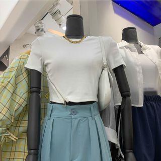 Cropped Round-neck Zip Short-sleeve Top