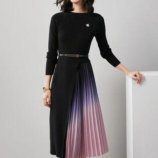 Asymmetrical Accordion Pleat Knit Midi A-line Dress