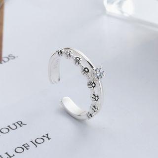 925 Sterling Silver Rhinestone Flower Layered Open Ring Silver - One Size