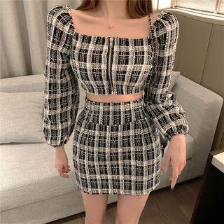 Set: Plaid Long-sleeve Crop Top + Mini Pencil Skirt