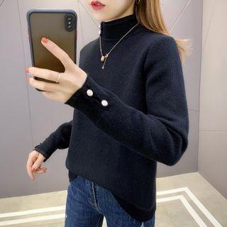 Mock-neck Lace Panel Plain Knit Sweater