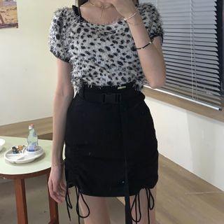 Leopard Print Short-sleeve Blouse / Drawstring Mini Pencil Skirt