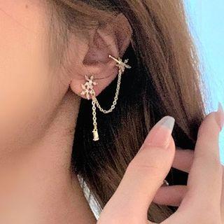 Flower Chained Asymmetrical Dangle Earring 1 Pair - 925 Silver Needle - Gold - One Size