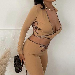 Set: Tie-waist Long-sleeve Crop Top + Cut Out Boot-cut Pants