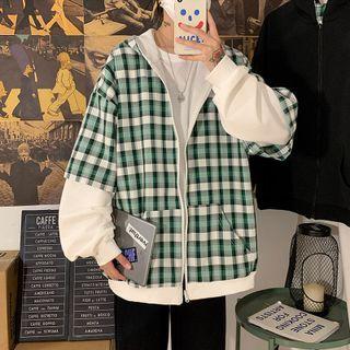 Reversible Plaid Panel Zip-up Hoodie