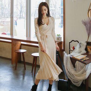 V-neck Long-sleeve Midi Knit Dress Almond - One Size