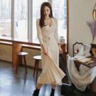 V-neck Long-sleeve Midi Knit Dress Almond - One Size