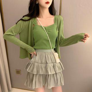 Plain Cardigan / Knit Camisole Top / Mini Tiered Skirt
