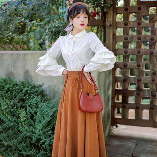 Set: Ruffle Shirt + Lace Up Midi A-line Skirt