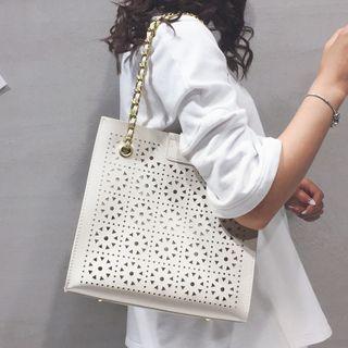 Set: Chain Perforated Faux Leather Shoulder Bag + Zip Pouch