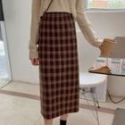Plaid Slit Woolen Midi Skirt