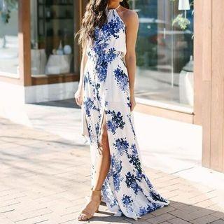 Halter-neck Floral Maxi A-line Dress