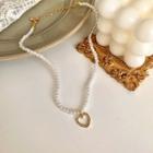 Rhinestone Heart Faux Pearl Necklace 3491 - White & Gold - One Size