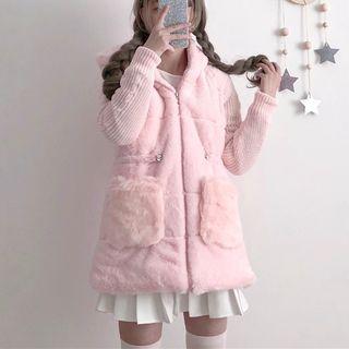 Knitted Sleeve Hooded Furry Coat
