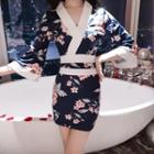 3/4-sleeve Contrast Trim Floral Mini Bodycon Dress