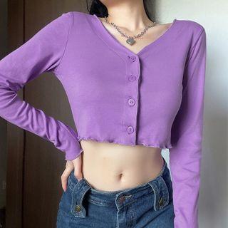 Plain Long-sleeve Knit Crop Top