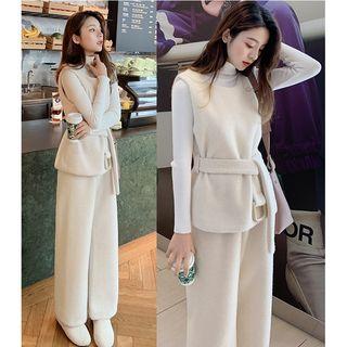 Set: Turtleneck Knit Top + Vest + Wide-leg Pants