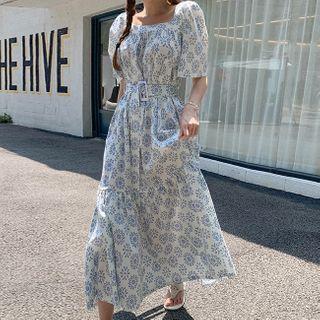 Square-neck Floral Print Dress With Belt