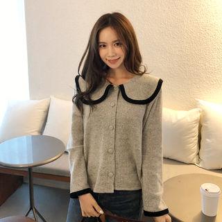 Contrast-trim Wide-collar Cardigan