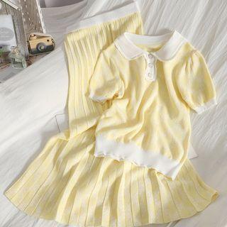 Set: Short-sleeve Collared Knit Top + Midi Accordion Pleat Skirt Top - Yellow - One Size / Skirt - Yellow - One Size
