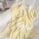 Set: Short-sleeve Collared Knit Top + Midi Accordion Pleat Skirt Top - Yellow - One Size / Skirt - Yellow - One Size