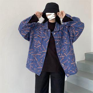 Lettering Print Denim Jacket Orange Lettering - Blue - One Size