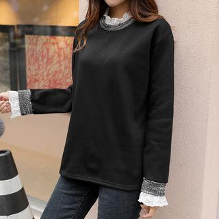 Lace-layered Tweed-trim Napped T-shirt