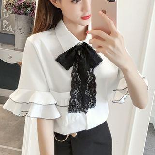 Bow Flounced Elbow-sleeve Blouse