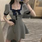 Bow-accent Check Short-sleeve Dress