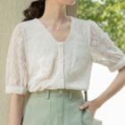 Short-sleeve V-neck Button-up Lace Top Beige - One Size