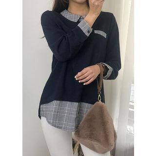 Tall Size Collared Plaid-panel Top