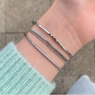 Set Of 2 : Rhinestone Bangle / Layered Bangle Set - Bracelet - Silver - One Size