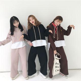 Set: Two-tone Hoodie + Plain Wide-leg Pants