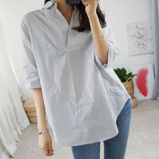 Half-placket Elbow-sleeve Stripe Shirt