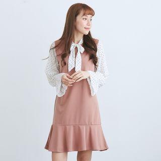 Bell Sleeve Mock Two Piece Tie-neck Dot Print Ruffled Hem Dress