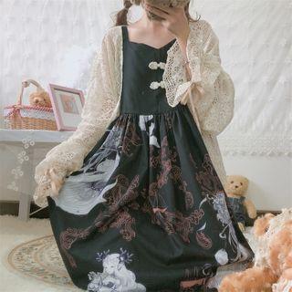 Spaghetti Strap Printed Midi A-line Dress / Crocheted Lace Jacket