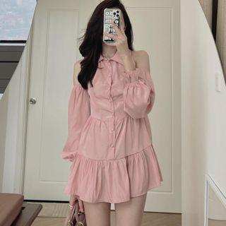 Cold-shoulder Tiered Mini A-line Shirtdress