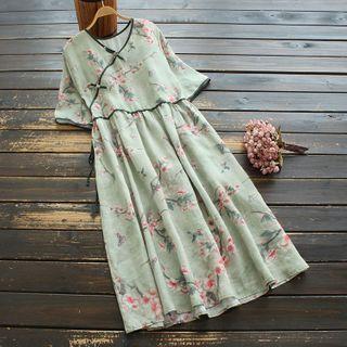 Short-sleeve Floral Print Midi Dress Green - One Size