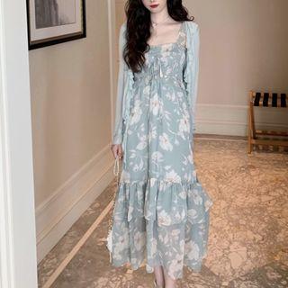 Ruffle Trim Tie Neck Floral Layered Dress / Ruffle Trim Cardigan