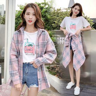 Lettering Embroidered Plaid Shirt