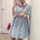3/4-sleeve Contrast Trim Mini Shirt Dress
