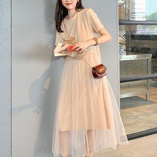 Plain Crewneck Short-sleeve Panel Mesh Dress