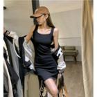 Sleeveless Plain Slim-fit Mini Dress Black - One Size
