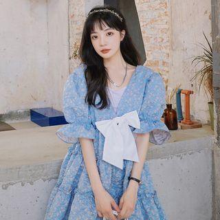 Puff-sleeve Floral Bow Accent Mini Smock Dress
