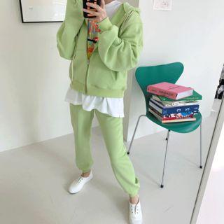 Set: Kangaroo-pocket Zip-up Hoodie + Jogger Pants