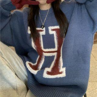 Long-sleeve Letter Jacquard Sweater Blue - One Size
