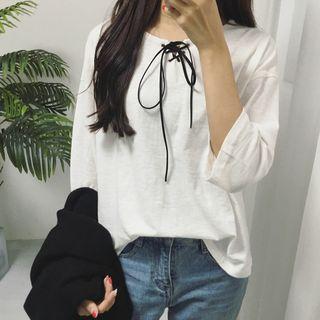 Plain Loose-fit Lace-up 3/4-sleeve Top